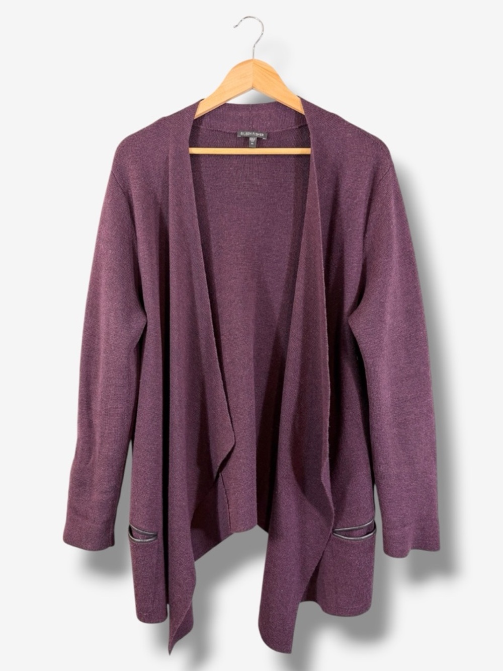 Eileen Fisher Merino Wool Leather Trim Waterfall Cardigan XL Plum Purple